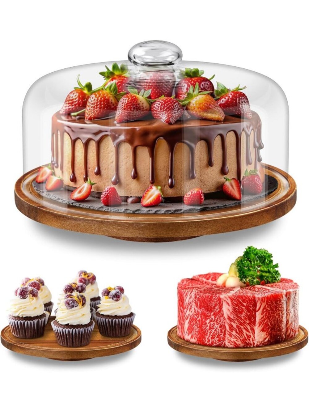 Elegant 11in Acacia Wood Cake Stand with Glass Dome Lid - Perfect for Desserts!